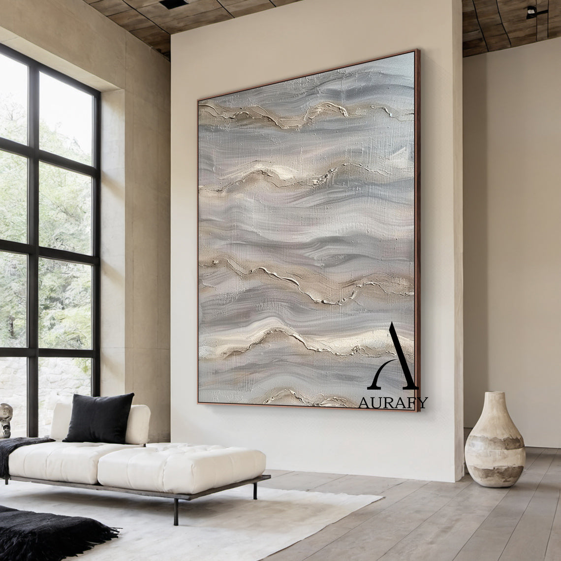 Wabi Sabi Abstract Art Impasto Textured Gray Beige Tactile Wave-Like Handcrafted Organic Canvas AURA560