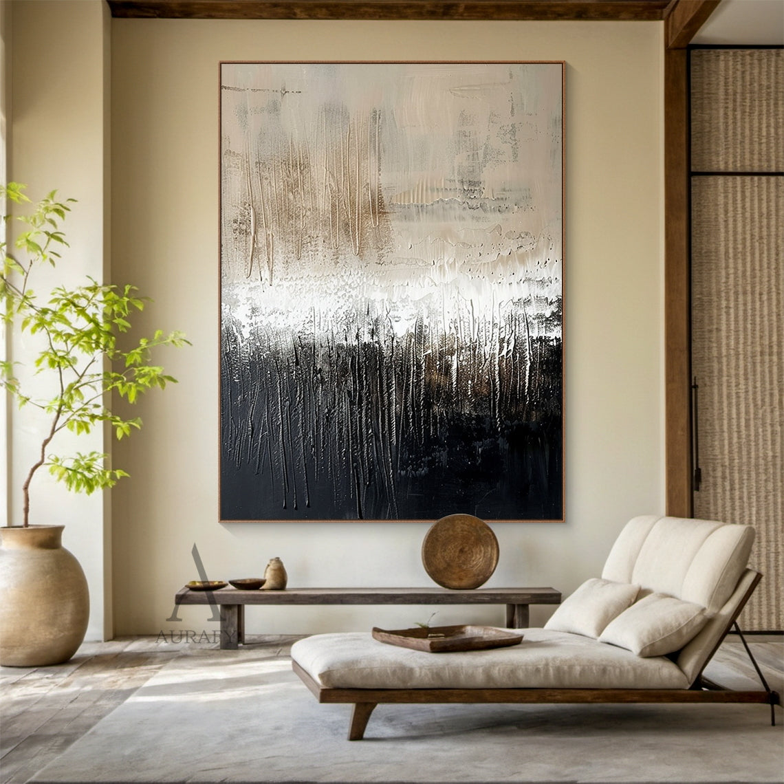 Wabi Sabi Japandi Knife Textured Abstract Beige Black Minimalist Luxe Plaster Canvas Wall Art AURA800