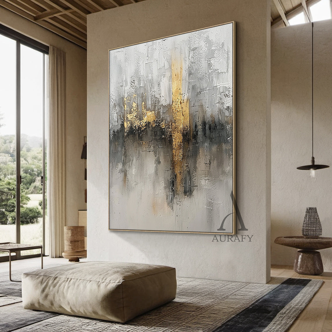 Abstract Gray White Gold Art with Knife Strokes Tactile Sculpted Minimalist Luxe Canvas AURA497