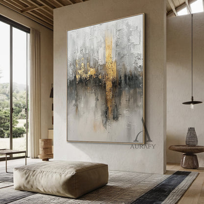 Abstract Gray White Gold Art with Knife Strokes Tactile Sculpted Minimalist Luxe Canvas AURA497