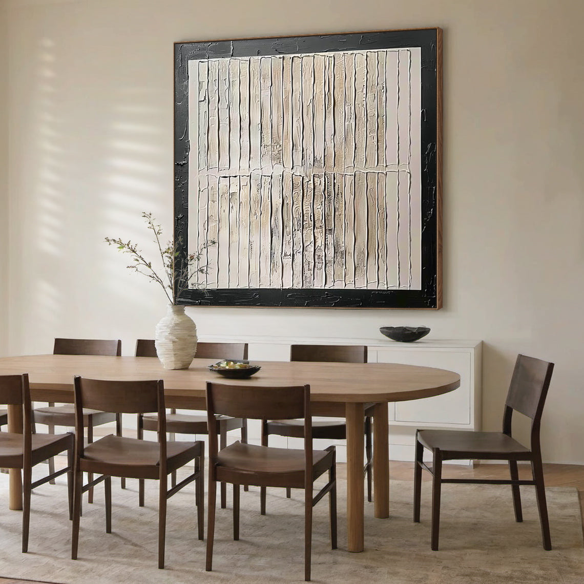 Minimalist Grid Textural Canvas – Cream & Black Accent – AURA006(Square)