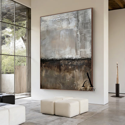 Wabi Sabi Abstract Art Gray Brown Tactile Plaster Textured Grid Indentations Knife Strokes AURA564