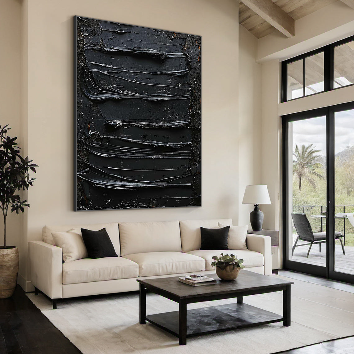 Sculptural Impasto Painting – Matte & Gloss Black Tones – AURA004(Vertical)