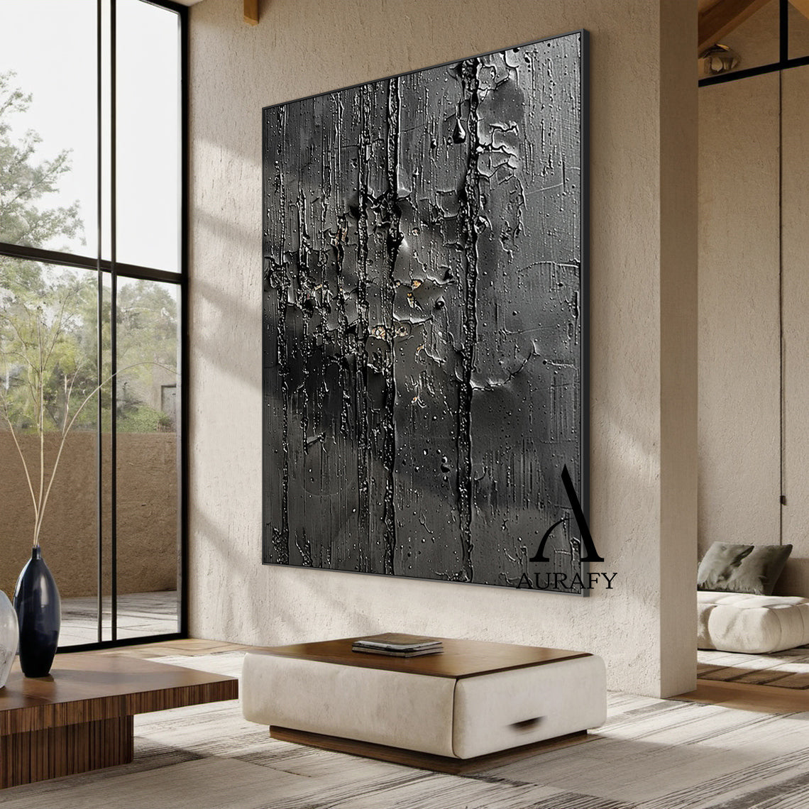 3D Textured Black Abstract Minimalist Painting Cracked Impasto Raised Ridges Tactile Artwork AURA529