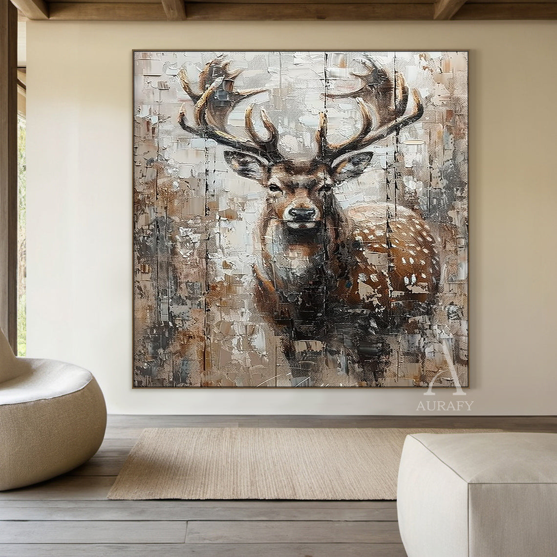 Large Textured Brown Stag Animal Oil Painting Wabi-sabi Wall Art-AURA338