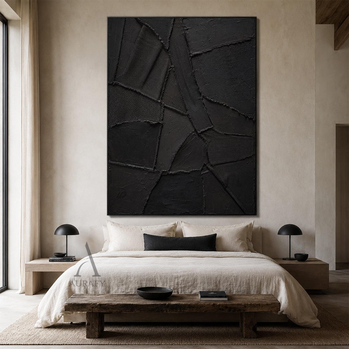 Black Relief, Monochrome Geometric 3D Textured Painting AURA859