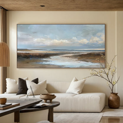 Blue Brown Knife Stroke Coastal Landscape Wabi-Sabi Textured Canvas Minimalist Oil Wall Art Decor AURA741