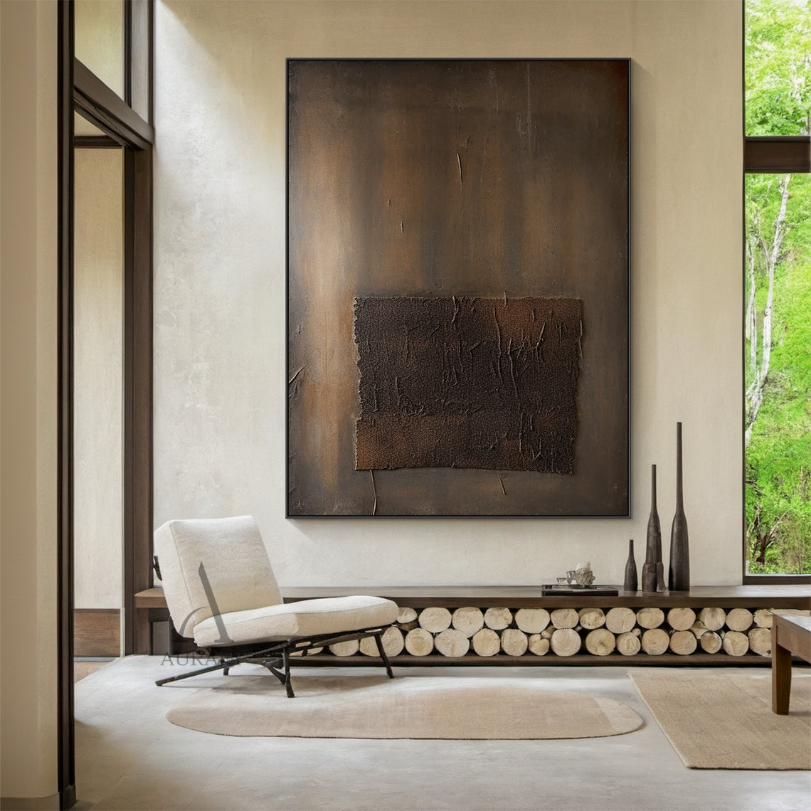 Brown Minimalist Abstract Wall Art with a Textured Inset Block - AURA832