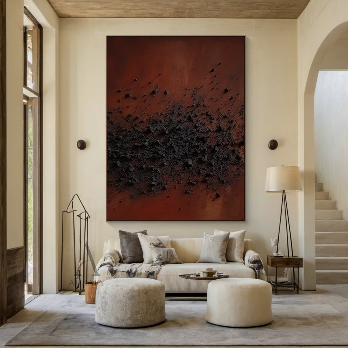 High Relief Terracotta Black Abstract Sculpted Canvas Tactile Minimalist Japandi Modern Home Wall Decor AURA790