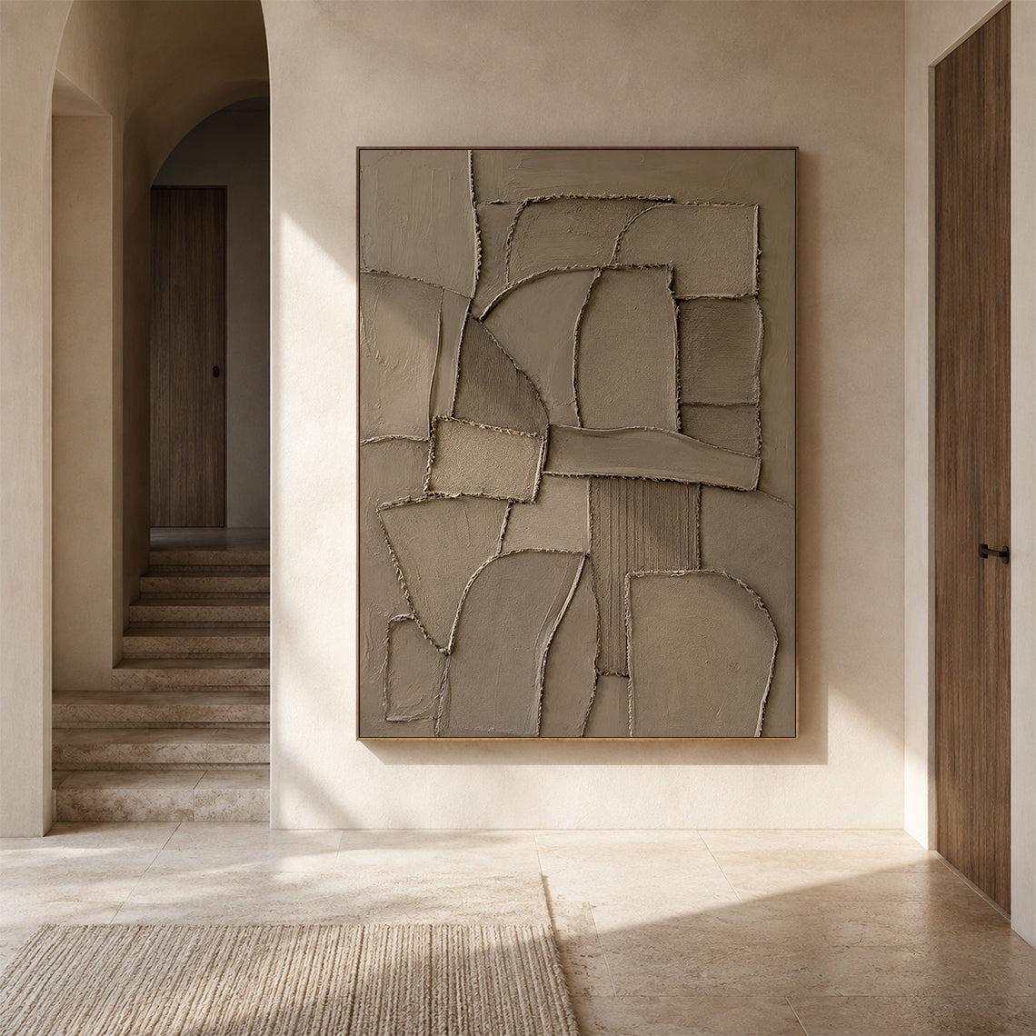 Brown 3D Textured Plaster Wall Art Japandi Wabi Sabi Geometric Sculpted Canvas High Relief Artwork AURA773