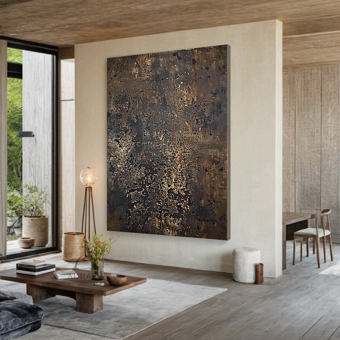 Brown Abstract Texture Painting with Scattered Golden Flecks - AURA839