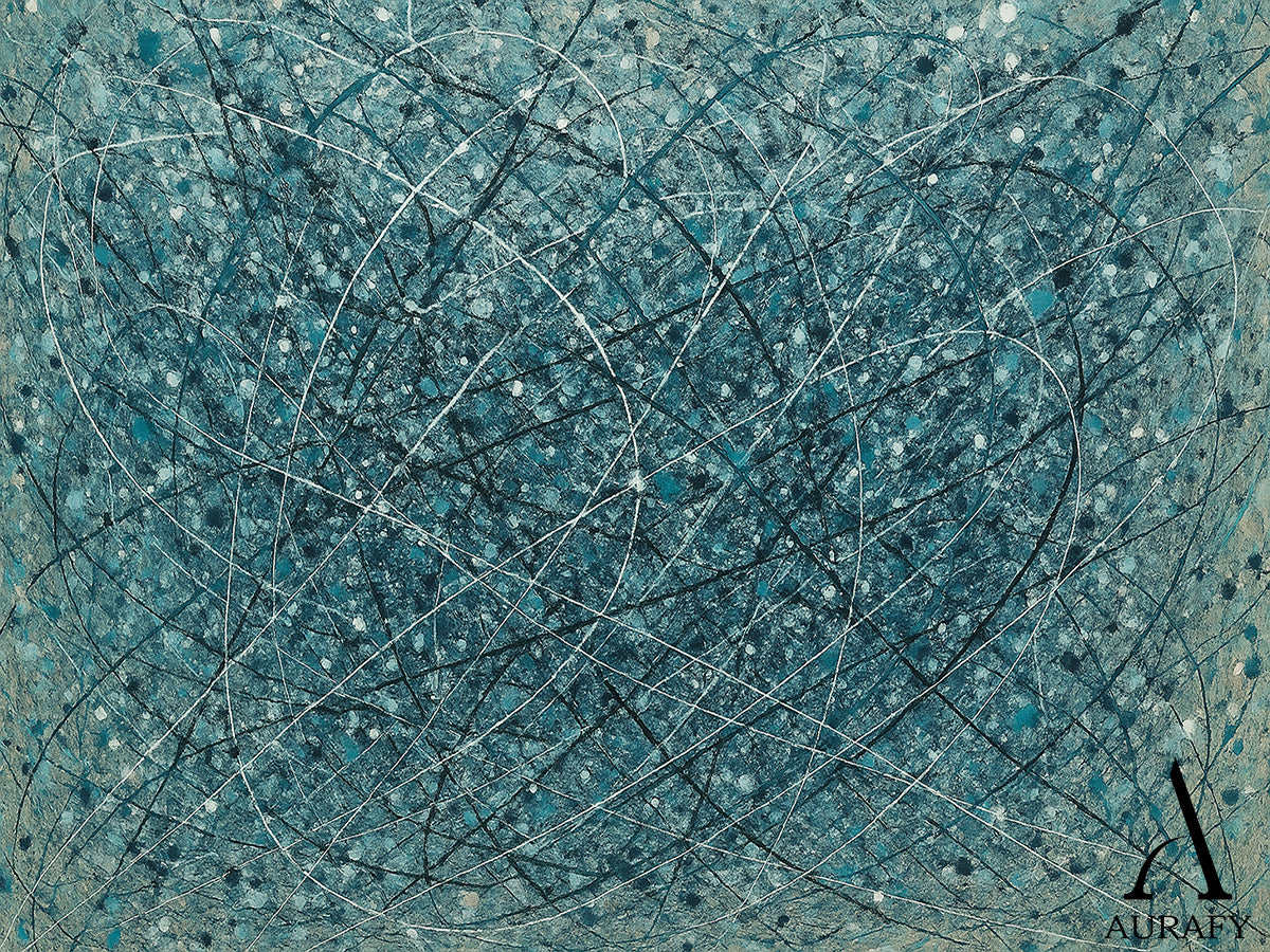 Abstract Blue Art Interwoven Lines Mottled Texture Tactile Surface Pigment Splatter Abstract Expressionist AURA509