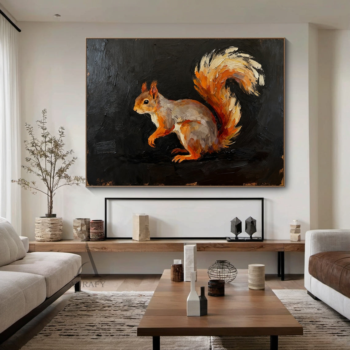 Red Squirrel Wall Art on Black Background - AURA657