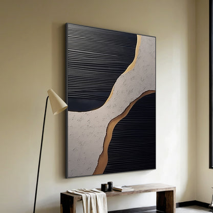 Flowing Contrast Black Gold Texture Wall Art – AURA005(Vertical)