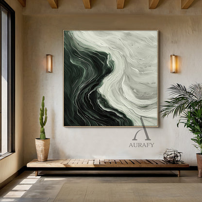 Green Abstract Art Thick Impasto Knife Strokes Flowing Wave Layers Modern Organic AURA502