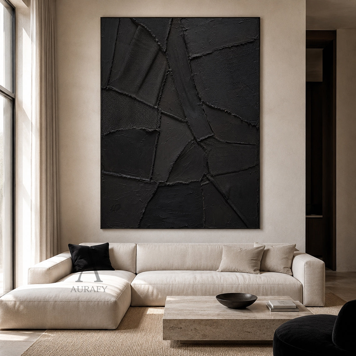 Black Relief, Monochrome Geometric 3D Textured Painting AURA859