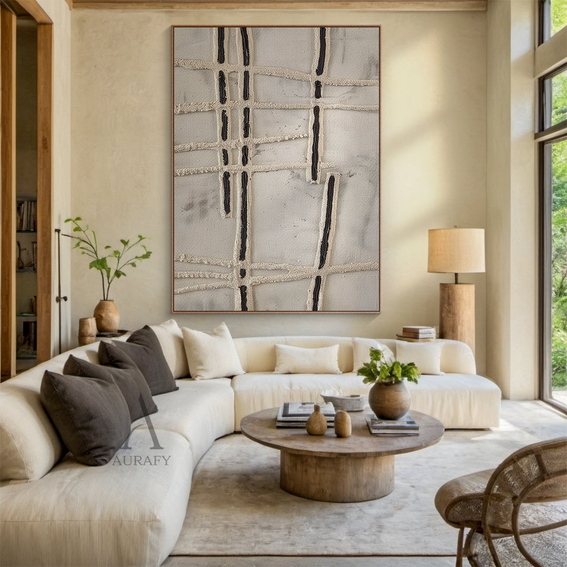 Beige Abstract Line Painting with an Irregular Textured Grid - AURA837