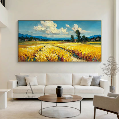Impasto Textured Yellow Blue Wheat Field Landscape Hand Painted Oil Painting Wall Art Canvas Decor AURA745