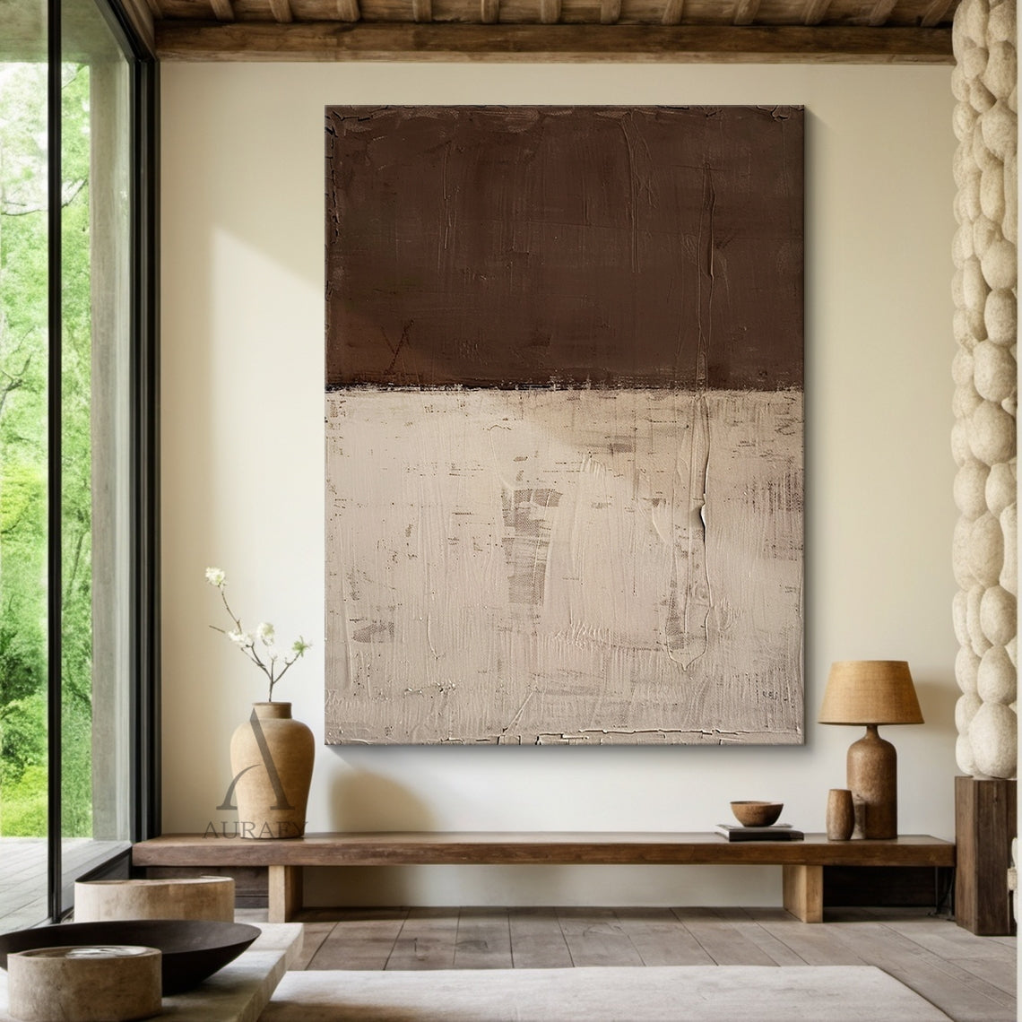 Brown & Beige Two-Tone Textured Abstract Wall Art | Wabi Sabi Japandi Minimalist Canvas | AURA810