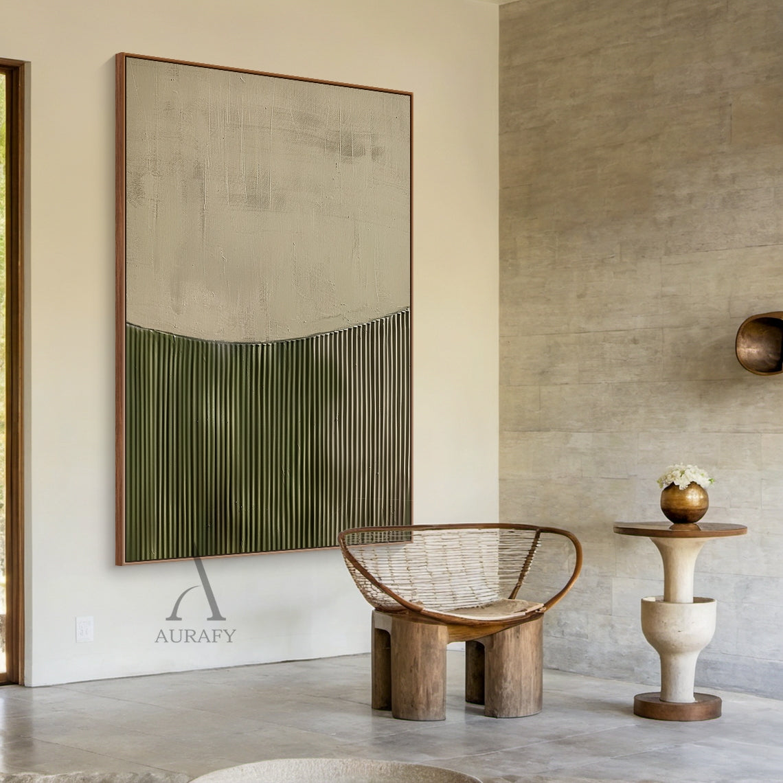 3D Textured Painting Beige Green Tactile Surface High-Relief Sculpted Vertical Stripes Modern Organic AURA465