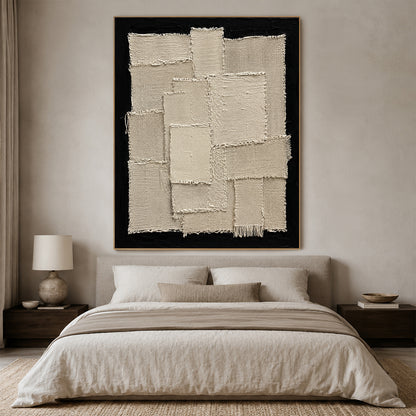 Wabi-Sabi Japandi 3D Textured Black Beige Sculpted Canvas Plaster Tactile Fringe Minimalist Abstract Painting AURA759