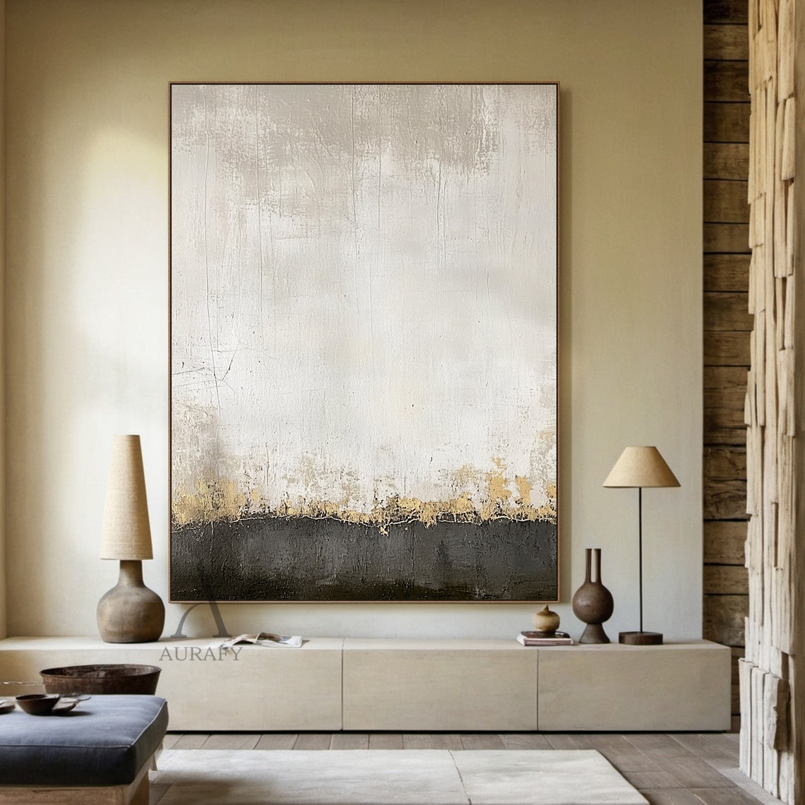 Ivory and Charcoal Abstract Horizon Wall Art - AURA694