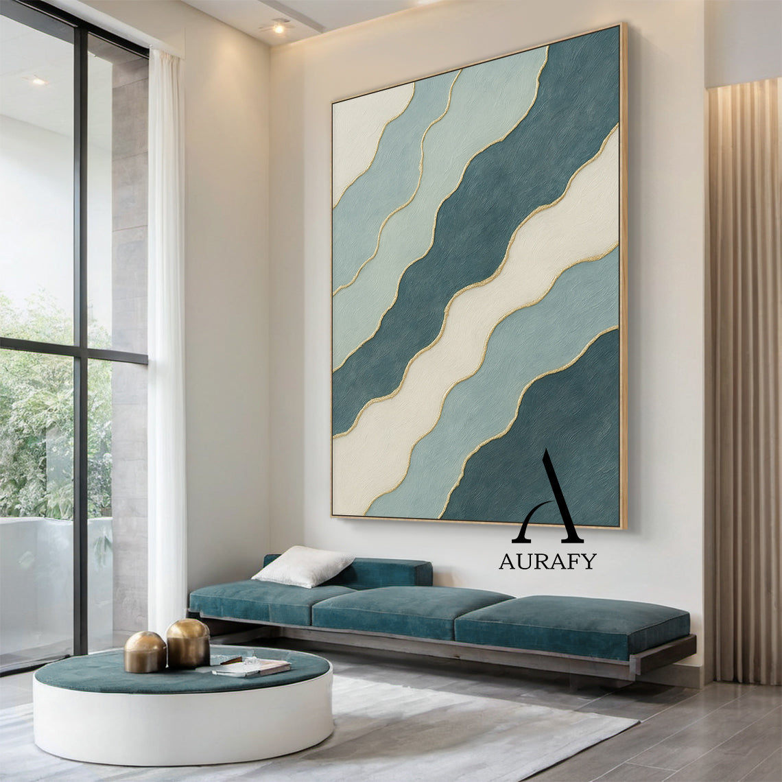 3D Textured Abstract Painting Blue White Green Gold Accent Tactile Minimalist Luxe AurafyArt AURA520
