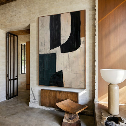 Black Curved Forms on Beige Abstract Wall Art with Deep Teal - AURA840