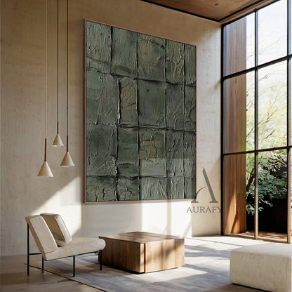 Green Abstract Art Tactile Natural Texture Grid Pattern Thick Paint Wall Decor AURA470