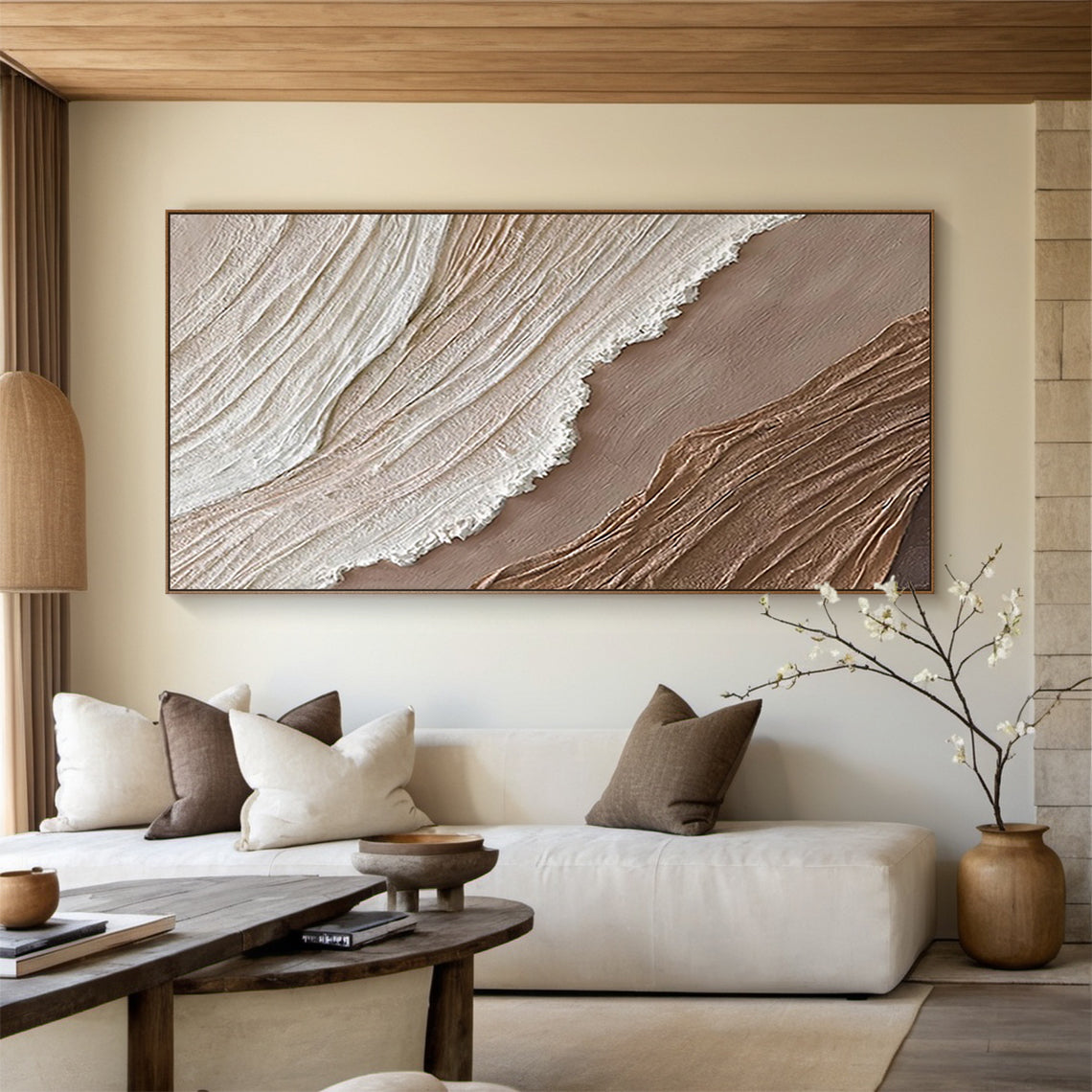 Minimalist Grid Texture Wall Art – Warm Beige Tones – AURA033 (Horizontal)