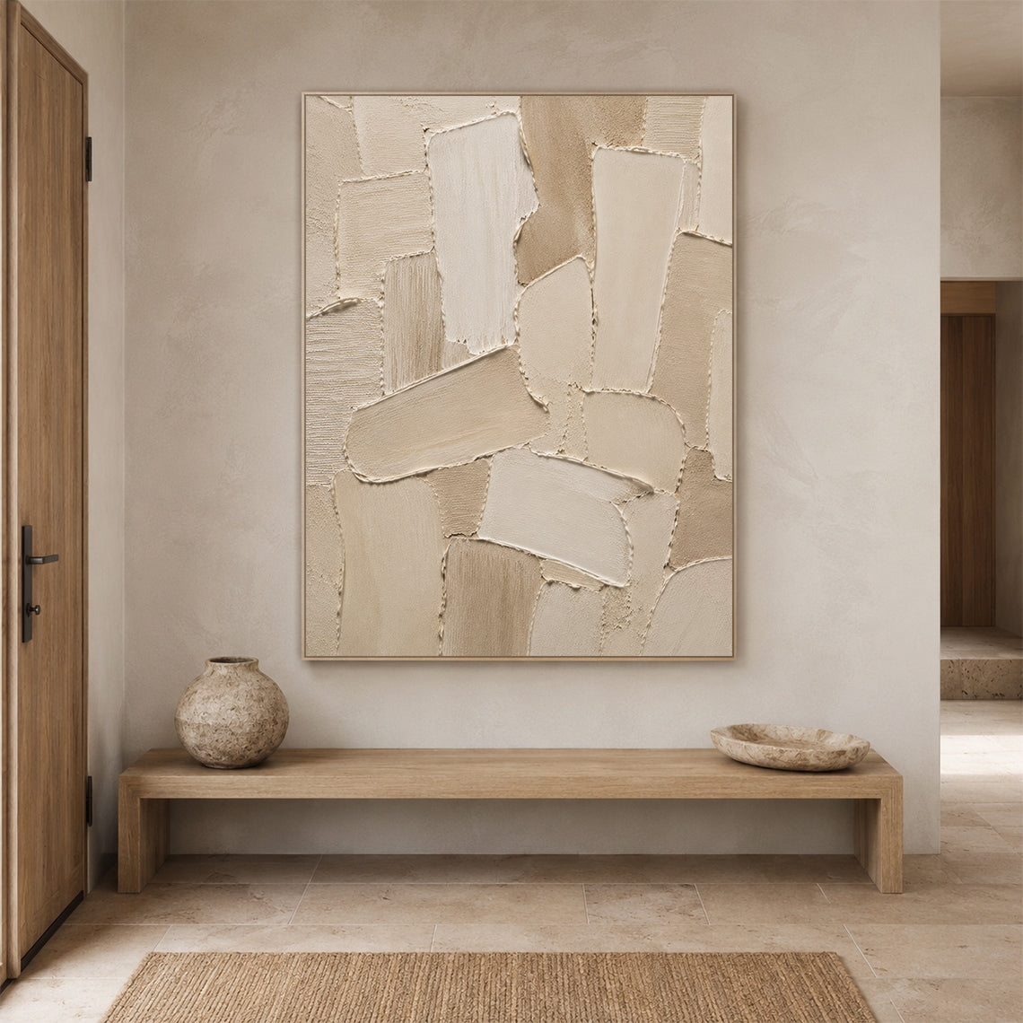 Beige 3D Palette Knife Stroke Plaster Sculpted Canvas Minimalist Japandi Neutral Wall Art AURA755