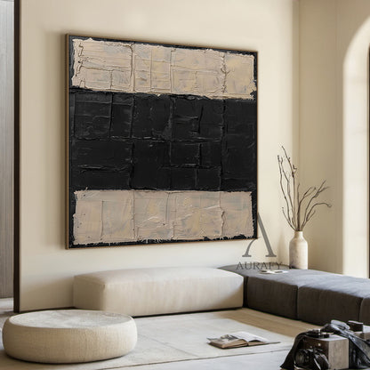 General Abstract Beige Black Impasto Texture Wabi-Sabi Tactile Artwork Modern Organic Sculpted Canvas AURA474