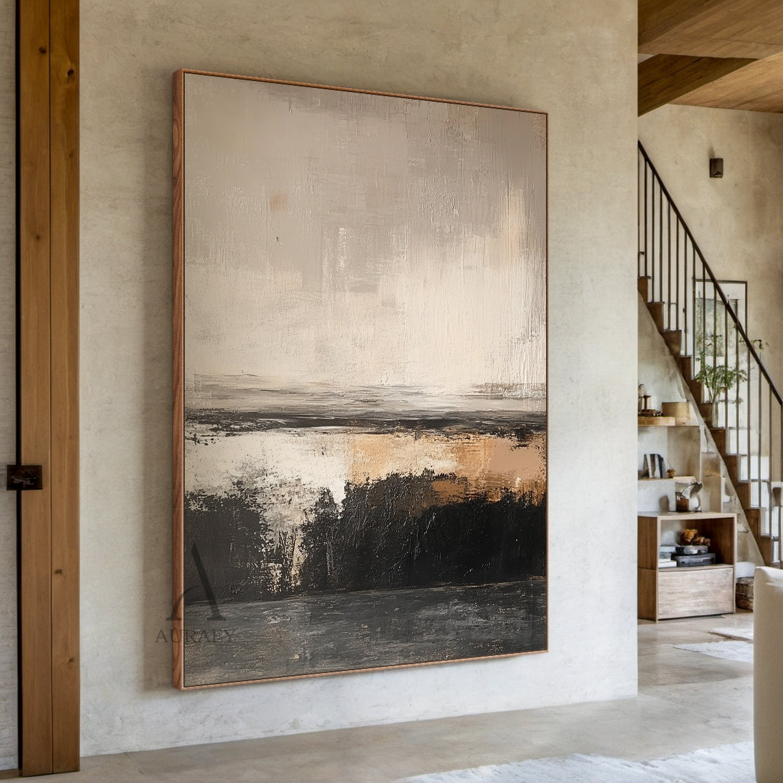 Beige and Black Abstract Painting with a Broken Ochre Accent - AURA852