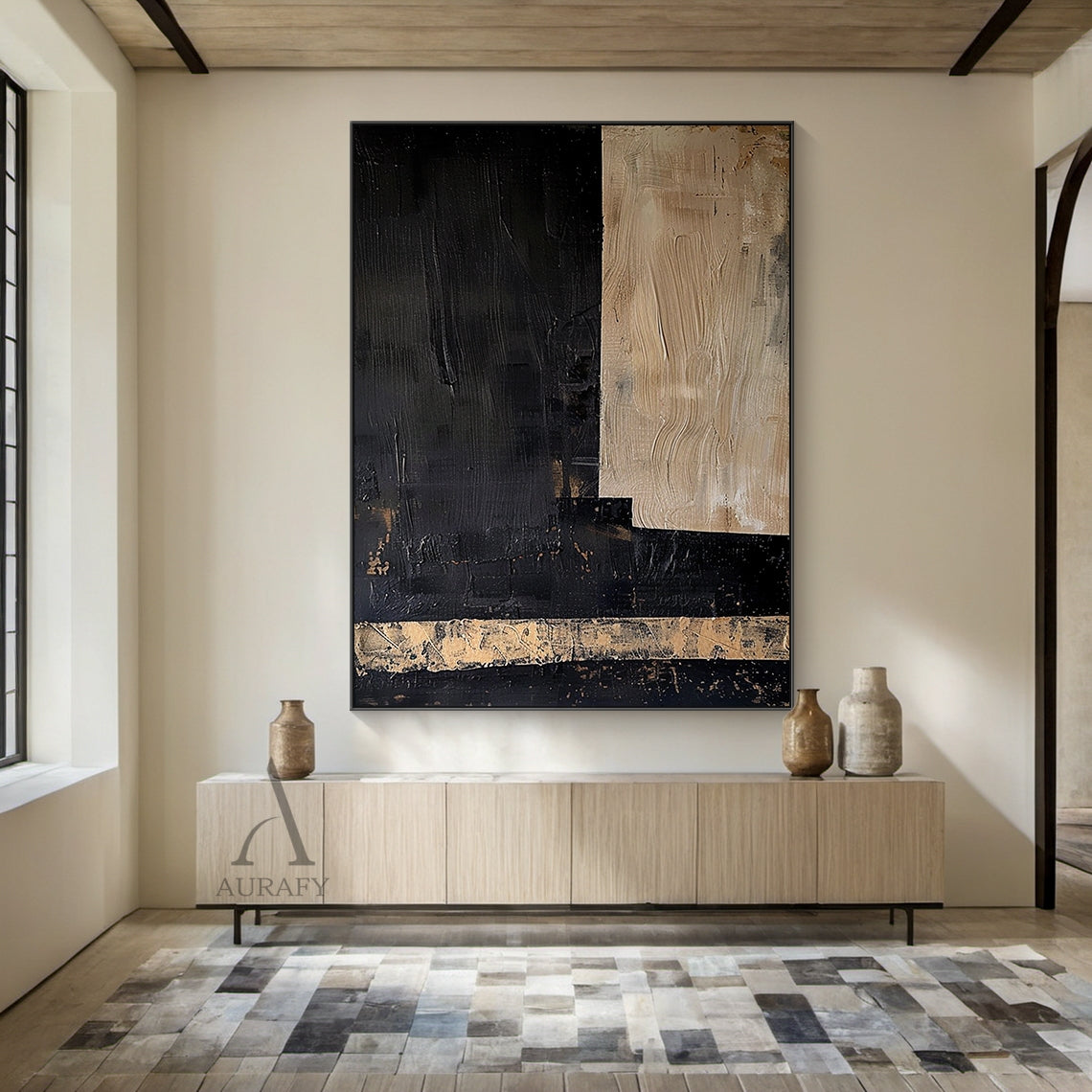 Black Abstract Wall Art with a Striated Beige Panel and Band - AURA843