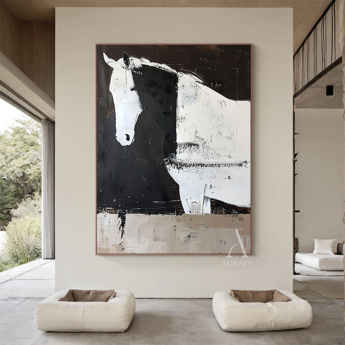 Large Scale Abstract Black and White Horse Textured Animal Wall Art-AURA341