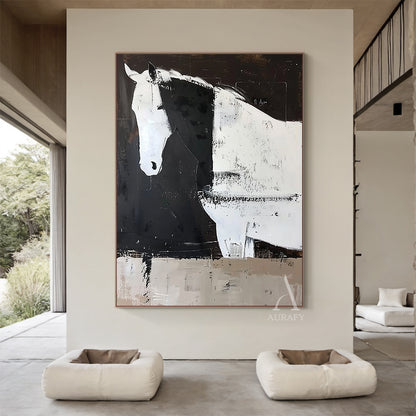 Large Scale Abstract Black and White Horse Textured Animal Wall Art-AURA341
