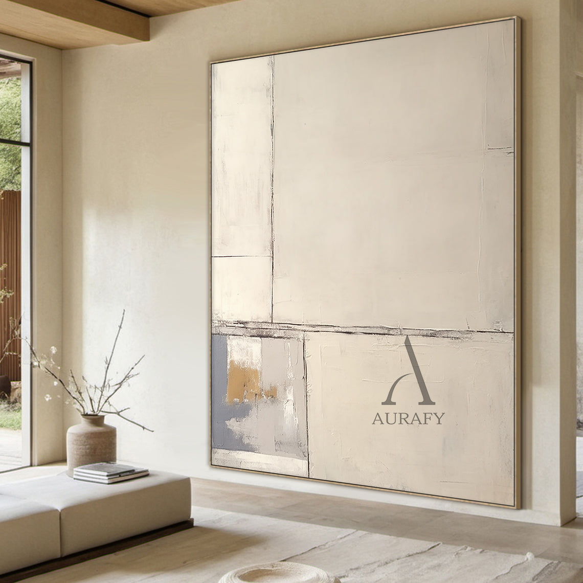 Beige Abstract Art Plaster Textured Japandi Minimalist Handmade Geometric Lines Tactile Canvas AURA490