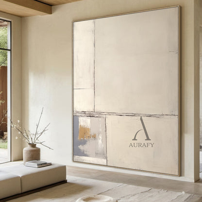 Beige Abstract Art Plaster Textured Japandi Minimalist Handmade Geometric Lines Tactile Canvas AURA490