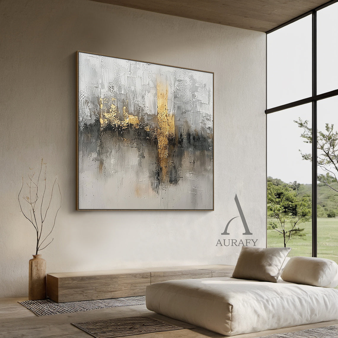 Abstract Gray White Gold Art with Knife Strokes Tactile Sculpted Minimalist Luxe Canvas AURA497