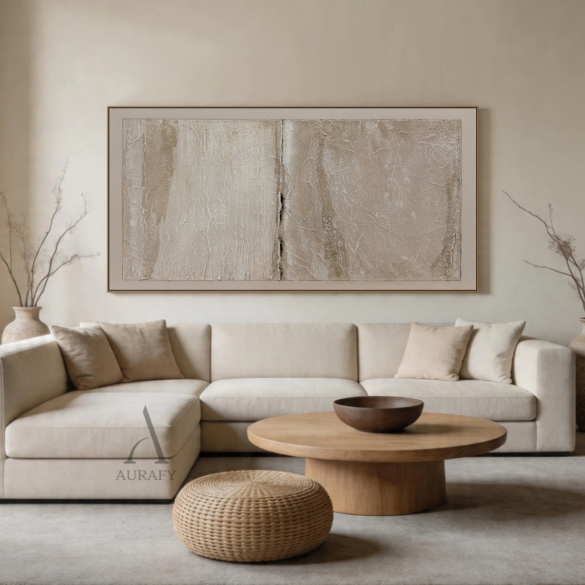 Wabi-Sabi Beige Plaster Textured Japandi Minimalist Abstract Tactile High-Relief Neutral Canvas Wall Artwork AURA740