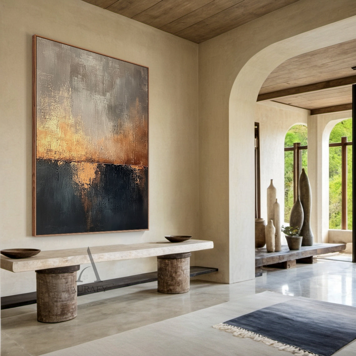 Yellow Ochre and Black Abstract Wall Art with Reflected Light - AURA825