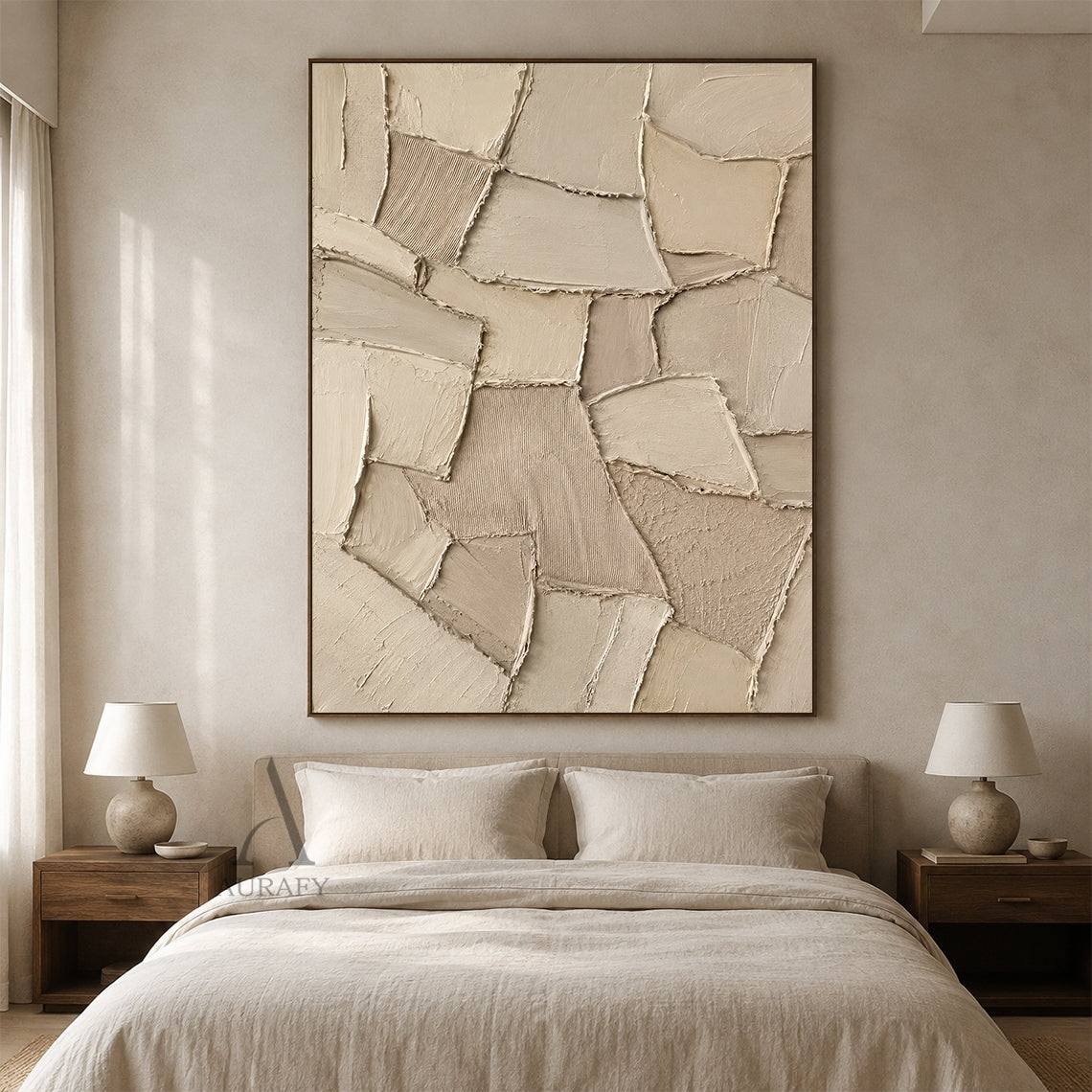 Earthen Patchwork, Beige Brown Geometric Relief Painting AURA858