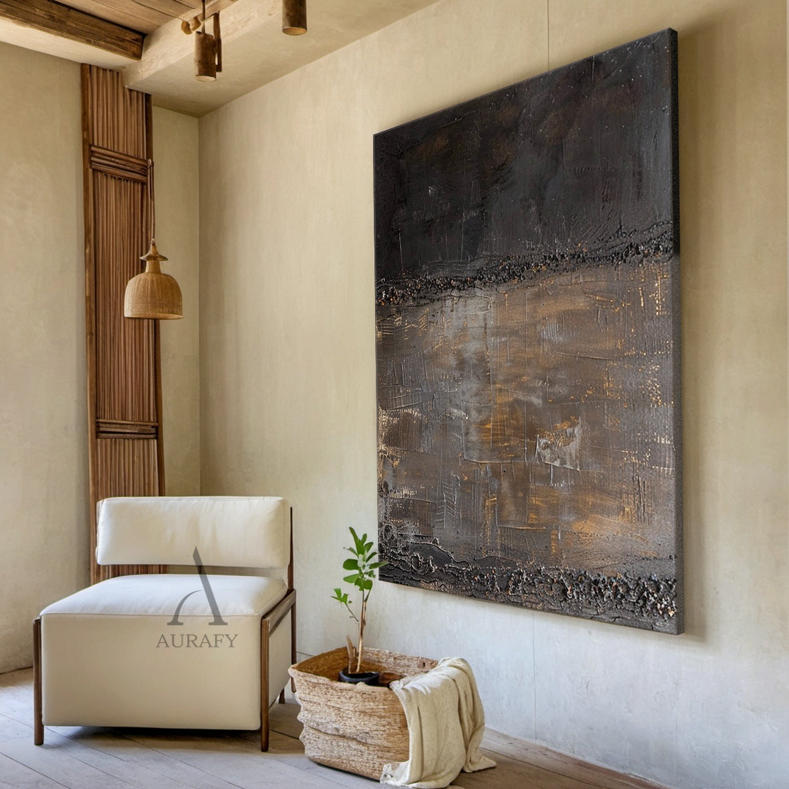 Black and Brown Abstract Painting with Granular Border Lines - AURA845