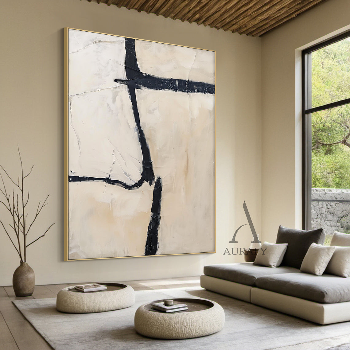 General Abstract Black Beige Tactile Canvas Art with Impasto Brush Strokes Minimalist Luxe AURA506