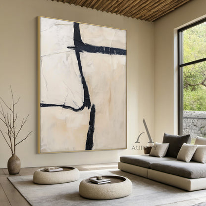General Abstract Black Beige Tactile Canvas Art with Impasto Brush Strokes Minimalist Luxe AURA506