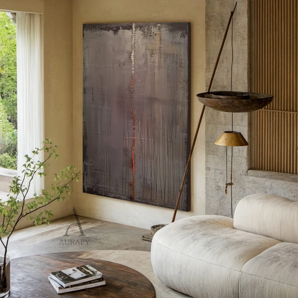 Plaster Textured Grey Black Burnt Orange Accent Japandi Minimalist Tactile Abstract Wall Art AURA795