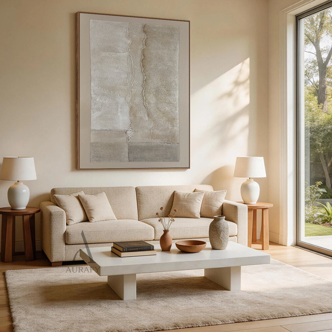 Wabi-Sabi Beige Plaster Textured Abstract Wall Art Japandi Minimalist Luxe High-Relief Tactile Canvas Painting AURA735