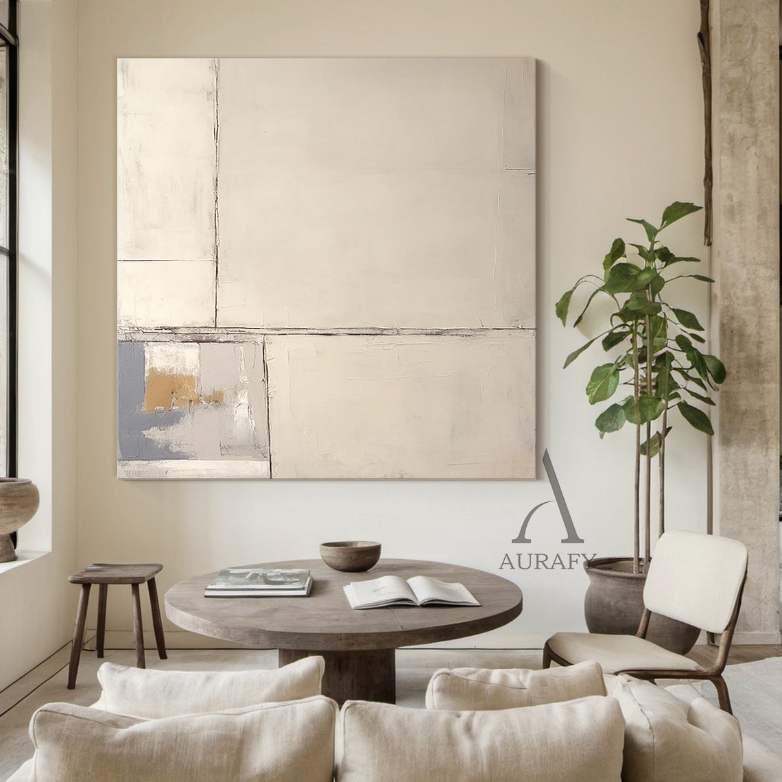 Beige Abstract Art Plaster Textured Japandi Minimalist Handmade Geometric Lines Tactile Canvas AURA490