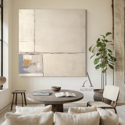 Beige Abstract Art Plaster Textured Japandi Minimalist Handmade Geometric Lines Tactile Canvas AURA490