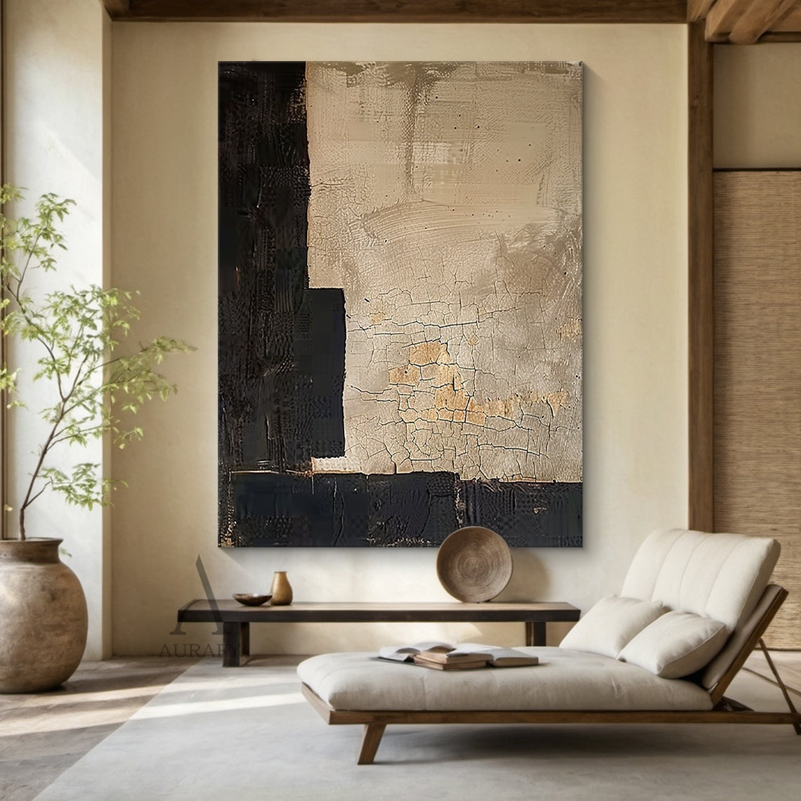 Beige & Black Wabi Sabi Geometric Abstract Wall Art | Cracked Plaster Japandi Canvas | AURA809